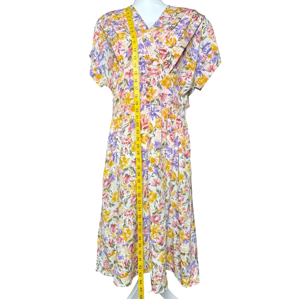 Vintage Floral Midi Dress Cottagecore Pastel Button Front Womens 14 - Picture 6 of 7